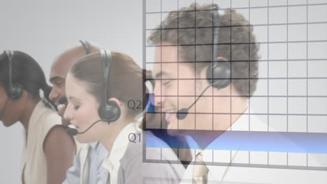 Animation-of-statistics-and-data-processing-over-business-people-wearing-phone-headsets