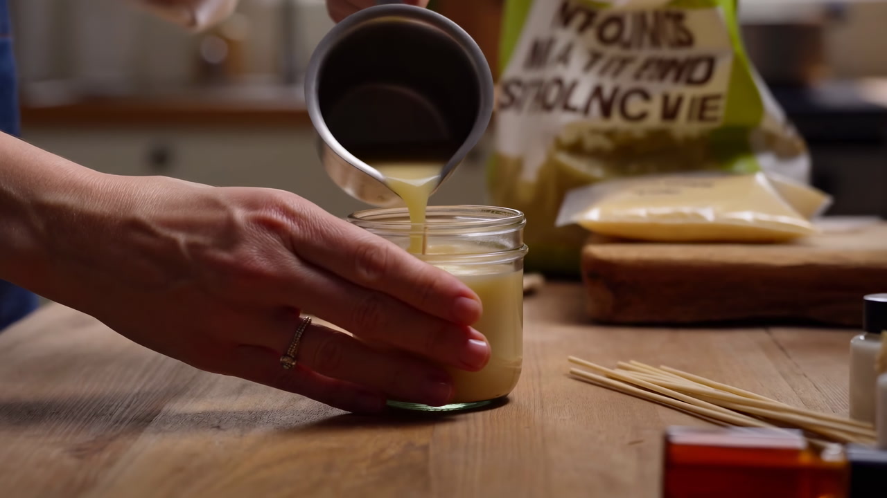 Pouring Hot Wax Into Glass Jar, Home Crafter Pours Warm Soy Wax From Stainless Steel Pitcher Into Glass Jar