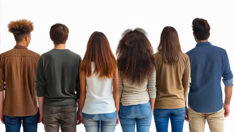 a group of people standing in a row facing the same direction