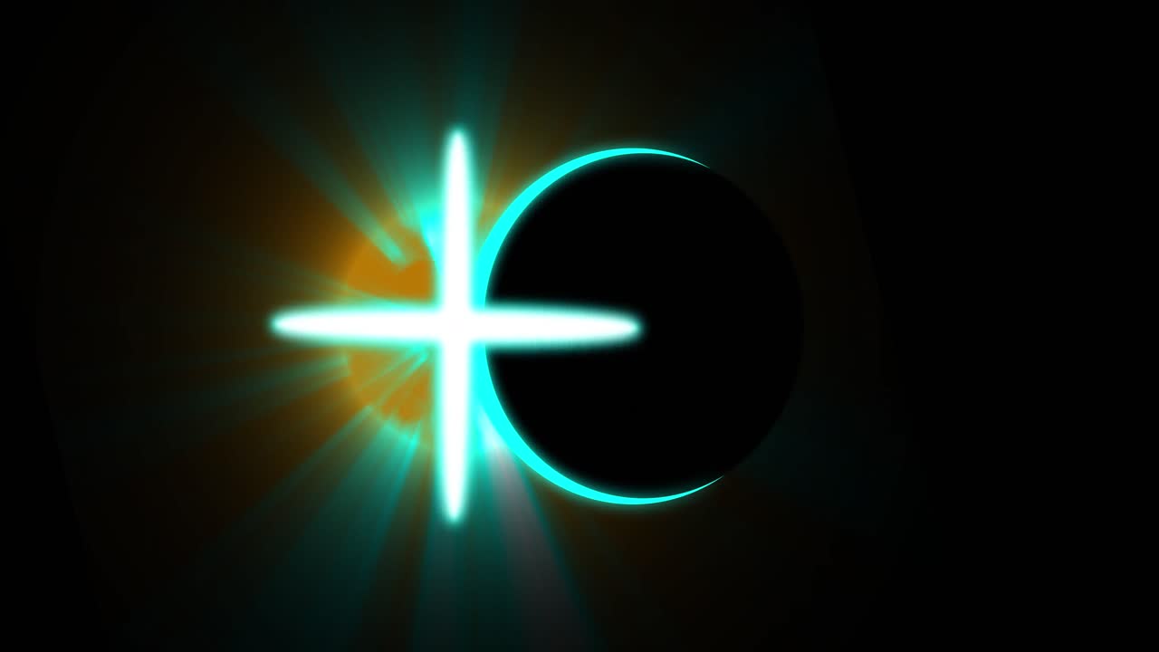 animación de una cruz brillante y un círculo de eclipse verde sobre fondo negro