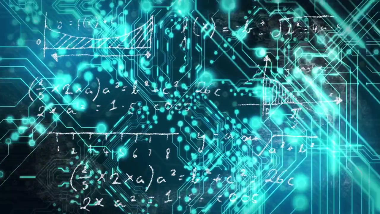 Pulsing nodes starting teal circuit net growing glows flowing and chalk math emerging for science