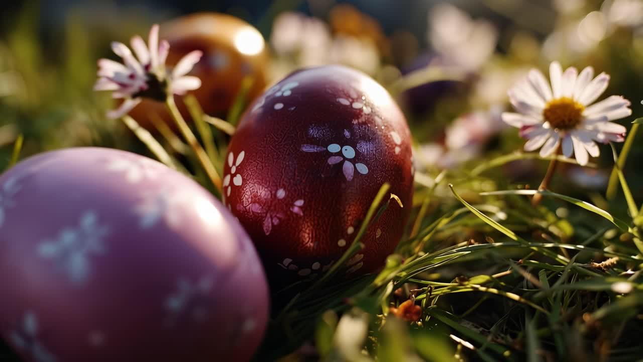 Soft sunlight glows on painted Easter eggs. Daisy flowers dot the green grass gently. Purple eggs glow with delicate white patterns. Easter morning peace lingers in this quiet scene