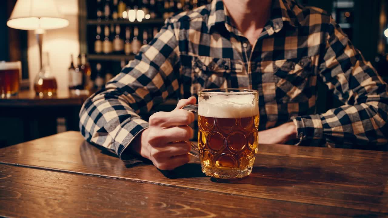 Scena informale in un pub con un uomo che tiene in mano un boccale di birra. Inquadratura dal basso che cattura un'atmosfera accogliente e rustica
