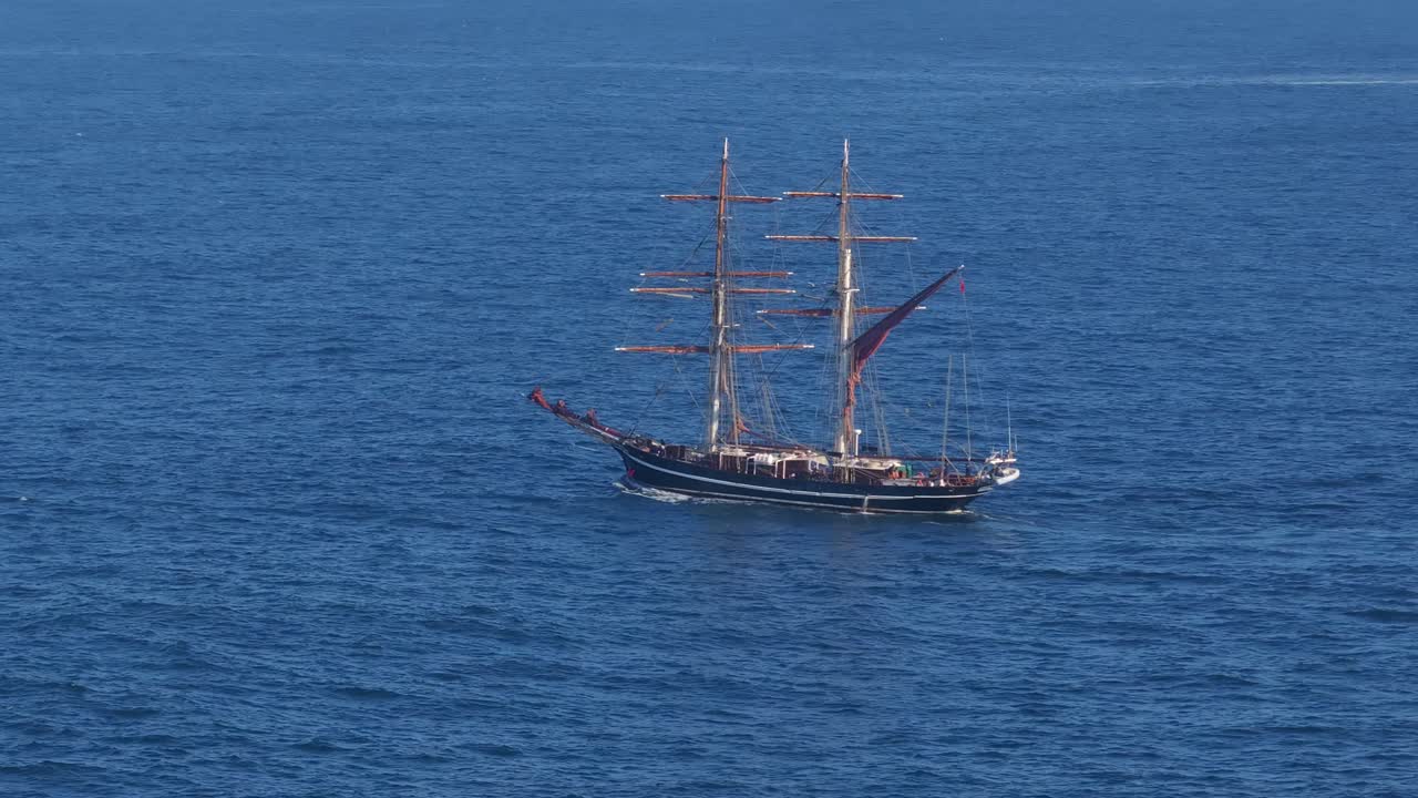 Schooner Ship Sailing On Sea In Spain. wide shot