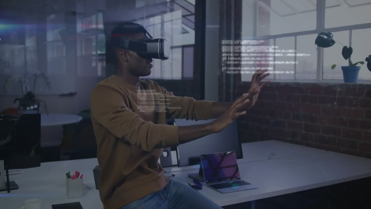 VR user reacting to code lines appearing and shaping rotating tech data globe demonstrating network