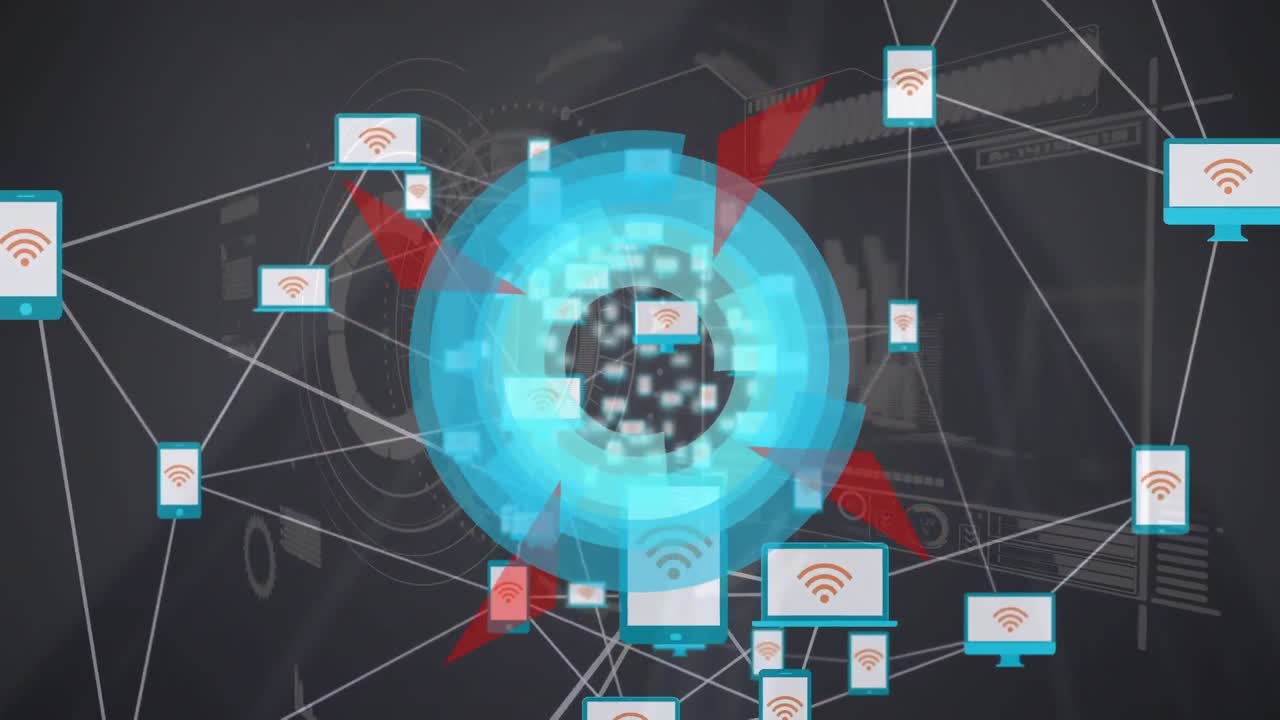 animación de formas que se mueven sobre una red de conexiones