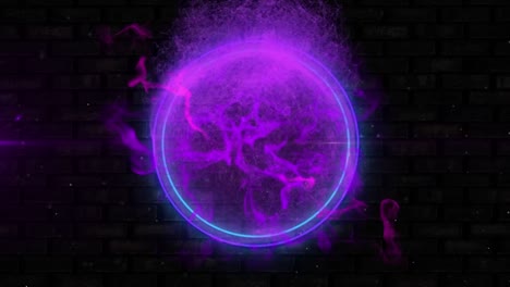 Animation-of-digital-globe-of-pink-clouds-of-smoke-in-glowing-blue-and-purple-neon-circles