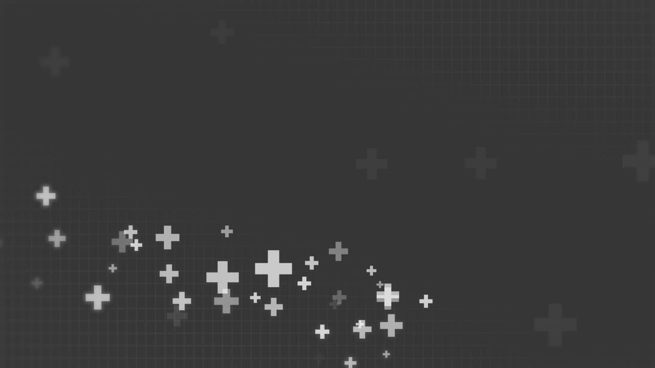 Cross animated pattern with a plus sign on grey background with grid. Mathematics geometry background texture. Looped. Copy space.