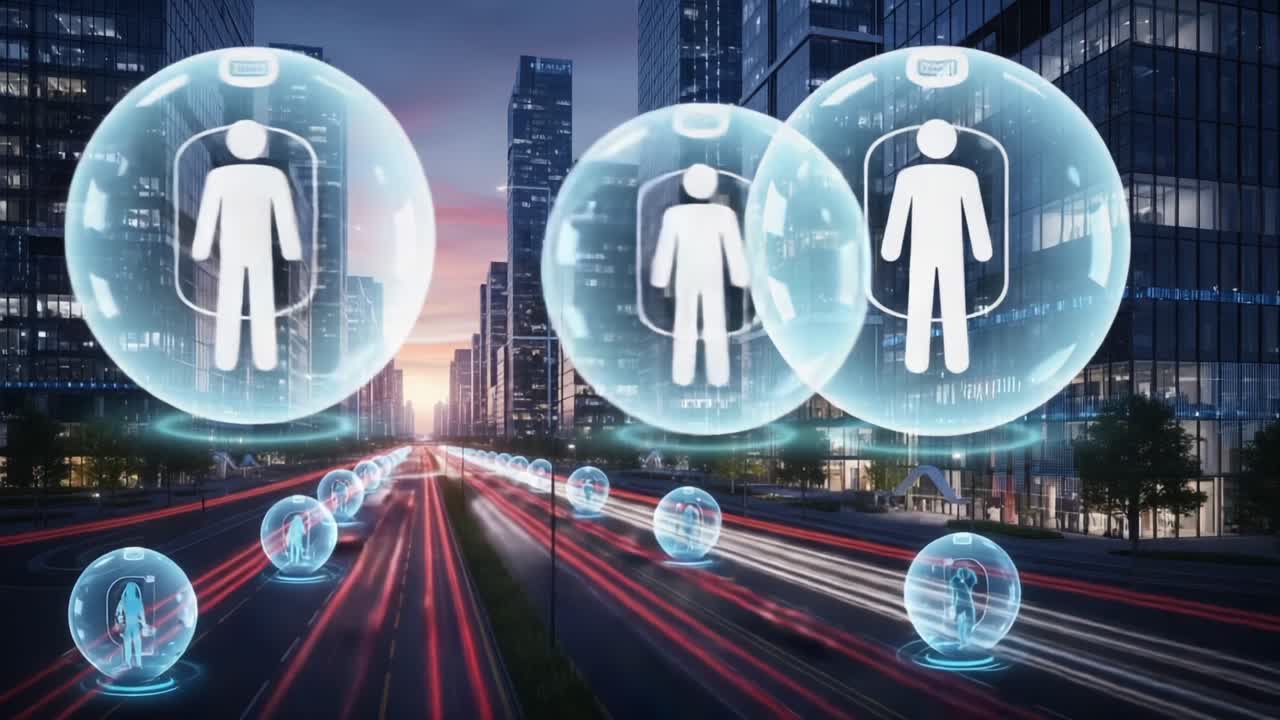 Futuristic Cityscape Featuring Technological Innovations with Holographic Avatars in Transparent Spheres Illuminating the Urban Environment at Dusk