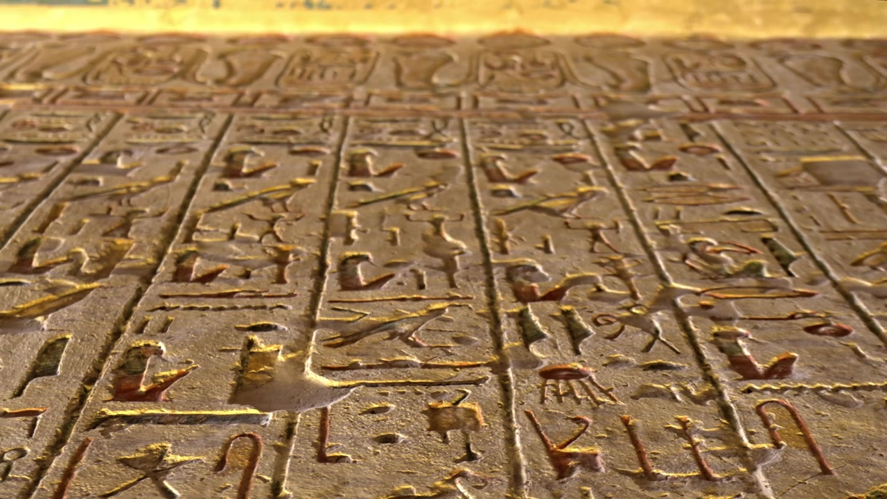 A low-angle, close-up perspective of a beautifully carved limestone wall inside the Tomb of Ramesses IV (KV2) in the Valley of the Kings, Luxor, Egypt.