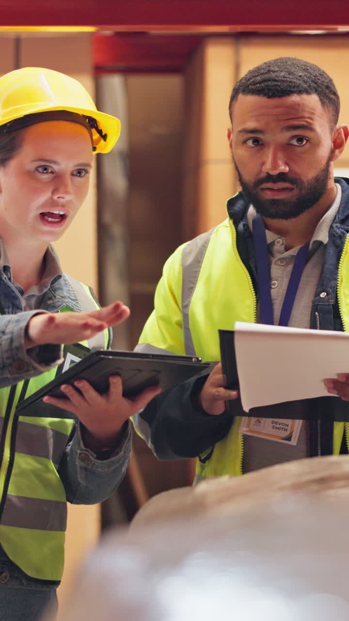 Warehouse Workers Inspecting Inventory with Tablet and Clipboard
