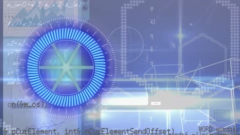 Animation-Eines-Violetten-Rundscanners,-Datenverarbeitung-Und-Geometrischer-Formen-Vor-Blauem-Hintergrund