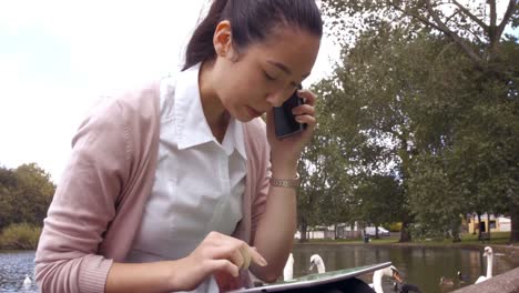 businesswoman using her phone and tablet outside