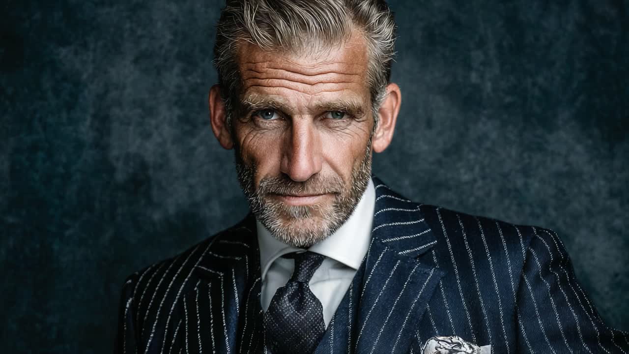 Un Elegante Gentiluomo in Abito Gessato che mostra Eleganza e Fiducia senza tempo, catturato in due cornici distinte, evidenziando le espressioni facciali e un senso della moda raffinato.