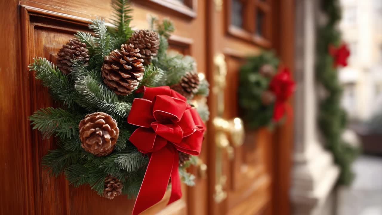 Beautifully Decorated Front Door with Holiday Wreath Featuring Pine Cones and Red Bow, Embracing the Festive Spirit and Elegance of the Christmas Season