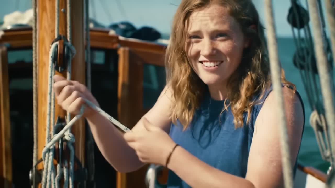 Aufregende Momente bei einem Segelabenteuer, bei dem ein Teams-Mitglied die Takelage justiert und die Erfahrung genießt
