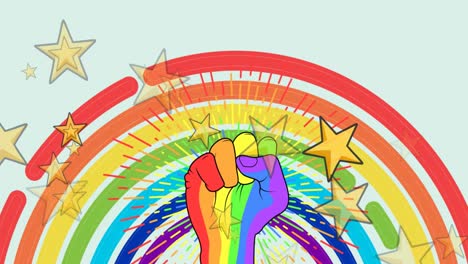 animation of stars over lgbtq fist and rainbow background