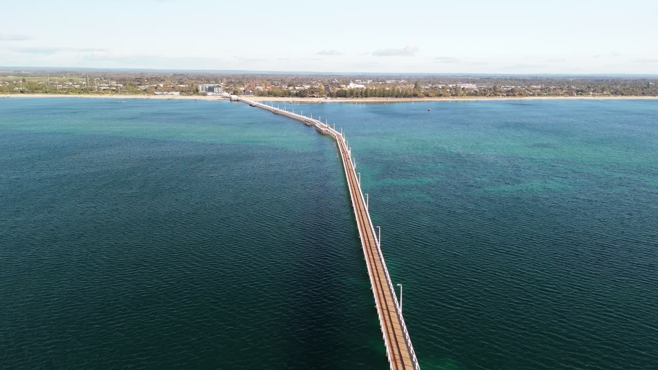 Drone flying along the Busselton Jetty in Margaret River, Western Australia