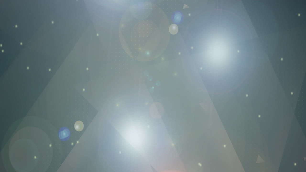 Animation of particles with molecules, flickering light beams and bokeh lights, on dark background