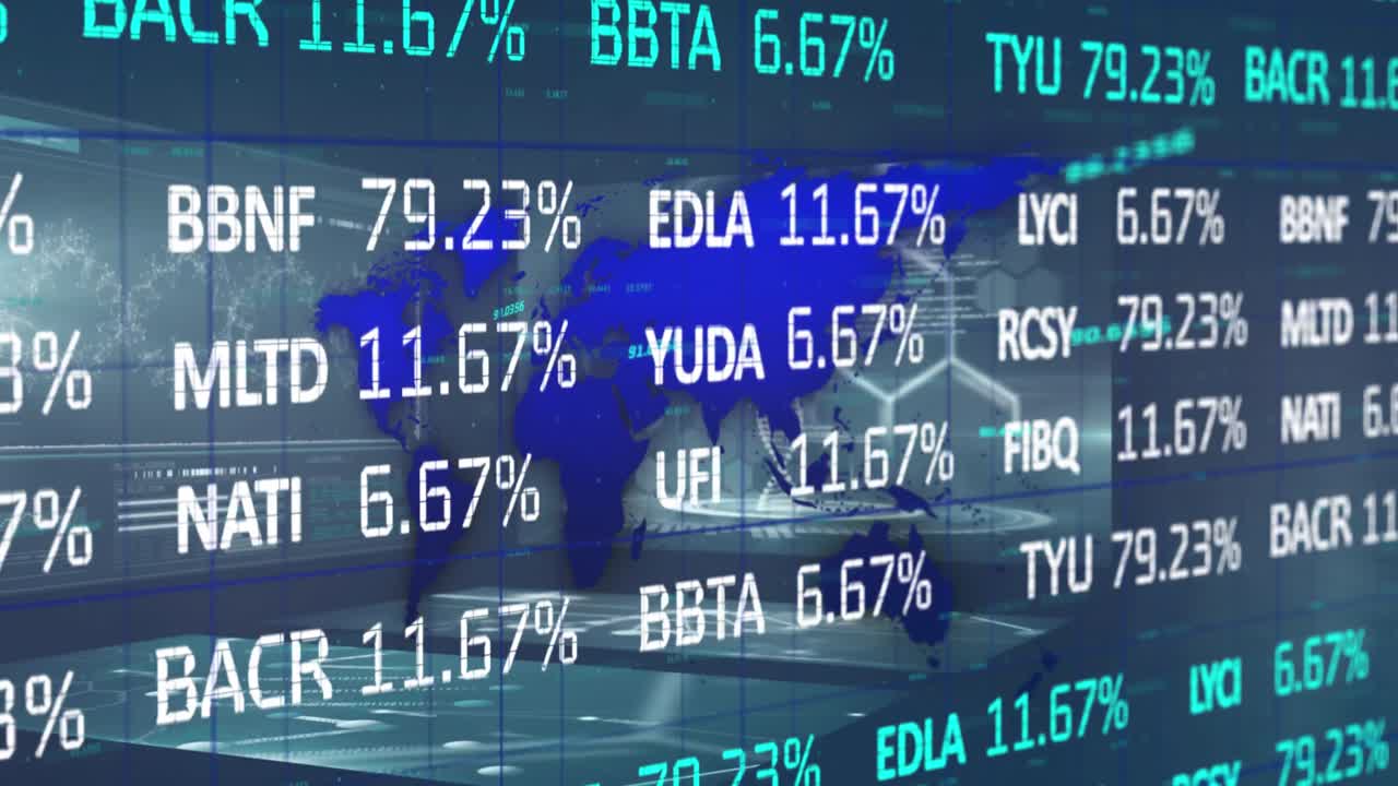 Animation of stock market data processing over world map against grey background