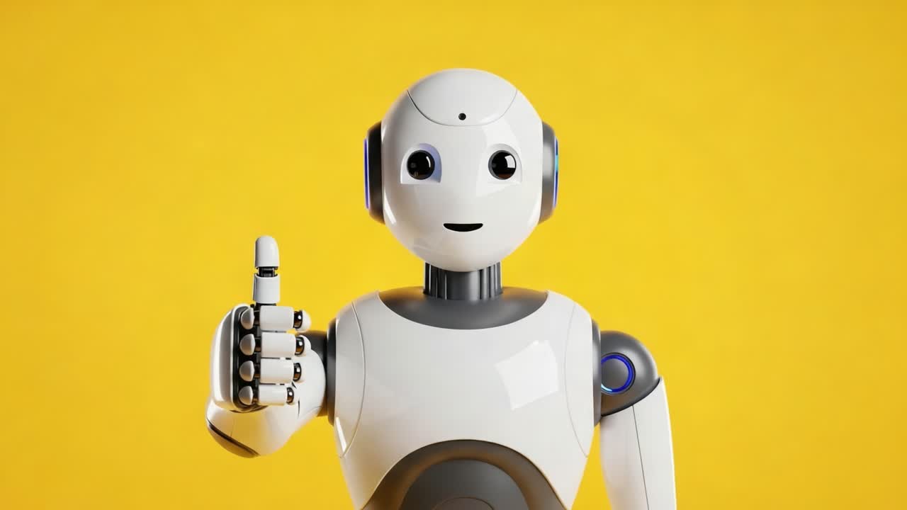 A Friendly Robot Providing a Thumbs-Up Gesture Against a Bright Yellow Background, Showcasing Advanced Technology and Interactive Design