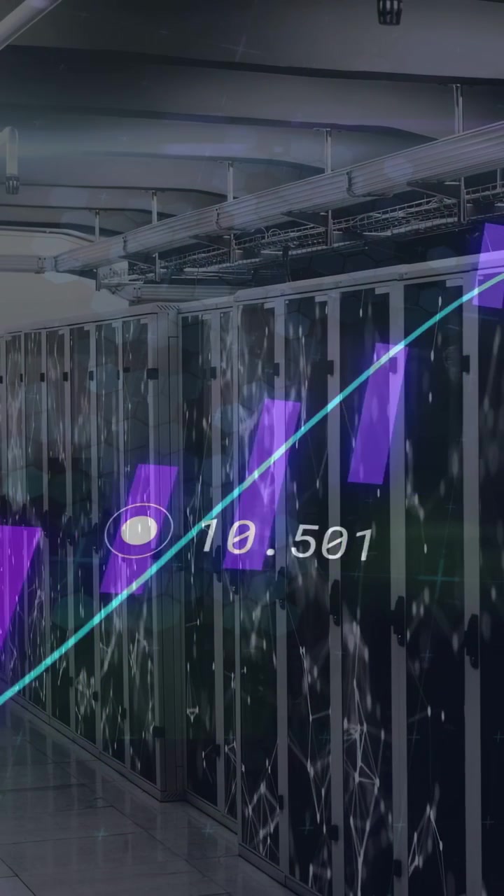 Vertical video: Server racks monitoring telemetry, showing cyan wave, bars, numbers oscillating