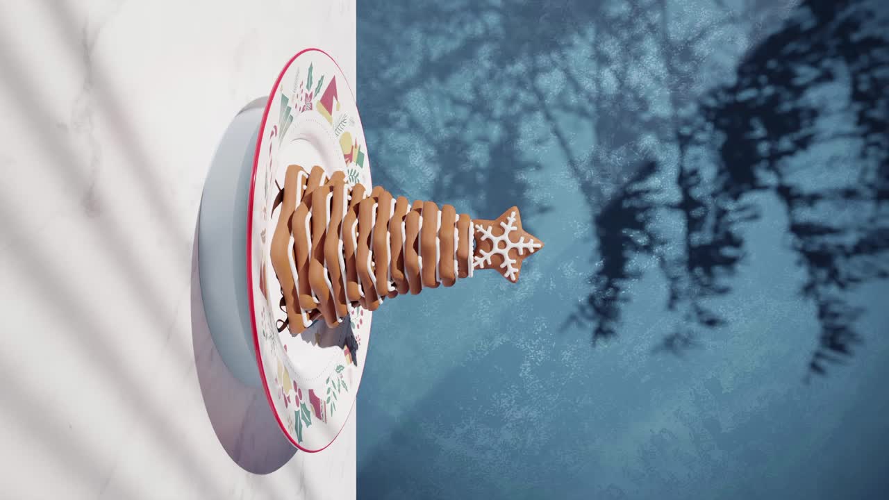 chocolate cake with cookies on pyramid in white cloth table with animated blue background