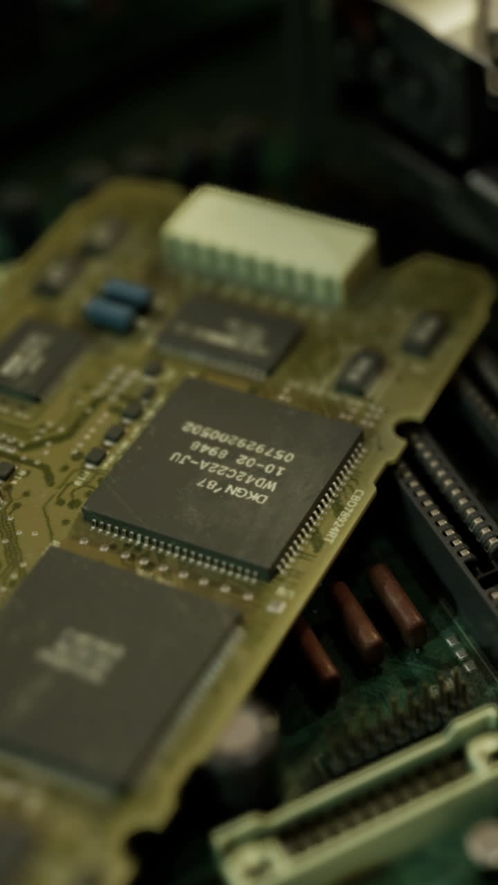 Close up view of a circuit board with chips and connectors in a workspace