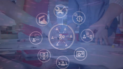 animación de la red de iconos sobre diversas personas de negocios en la oficina
