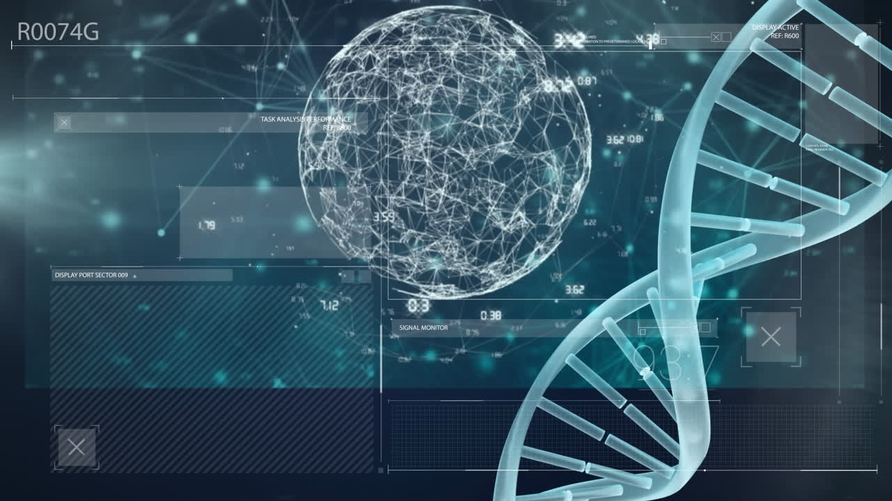 Animation of data processing and dna strand on black background