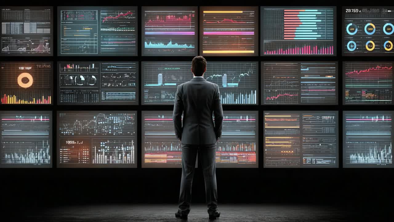 A Business Analyst Analyzes Data Trends and Insights Through Multiple Screens Displaying Dynamic Graphs and Statistical Information in a Modern Office Setting