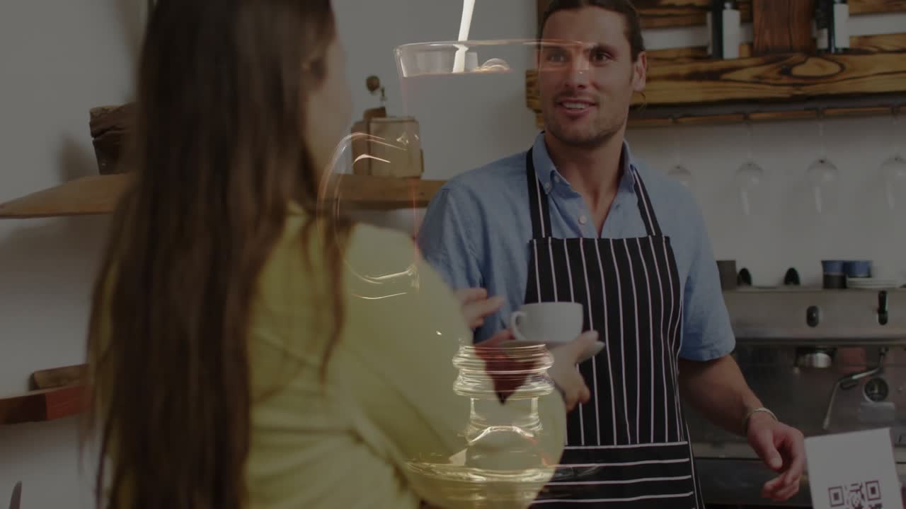 Männlicher Barista übergibt Kunden im Café Kaffee, mit eingeblendetem animiertem Verkaufsdiagramm