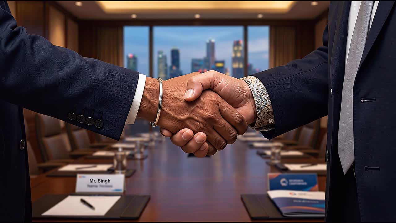 Corporate handshake across conference table during executive meeting symbolizing agreement and successful negotiation