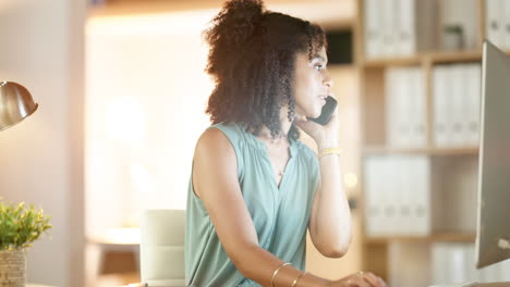 Phone-call,-answer-and-woman-in-office