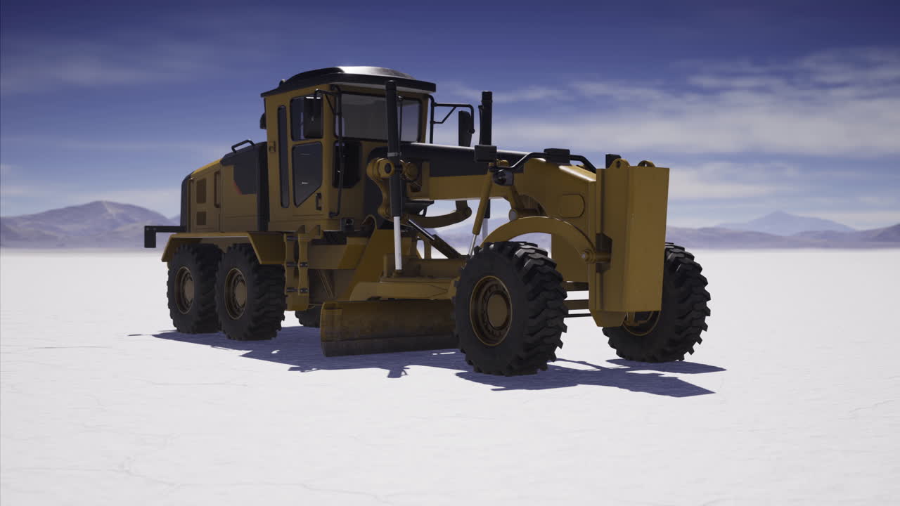 Heavy machinery working on a vast arid landscape under a clear blue sky