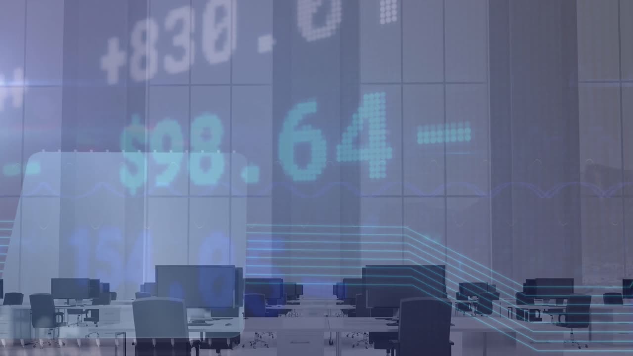 空のオフィスに対する株式市場データ処理のアニメーション