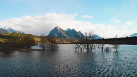 drone flying fast over a large lake with sunken trees and huge mountains in the background