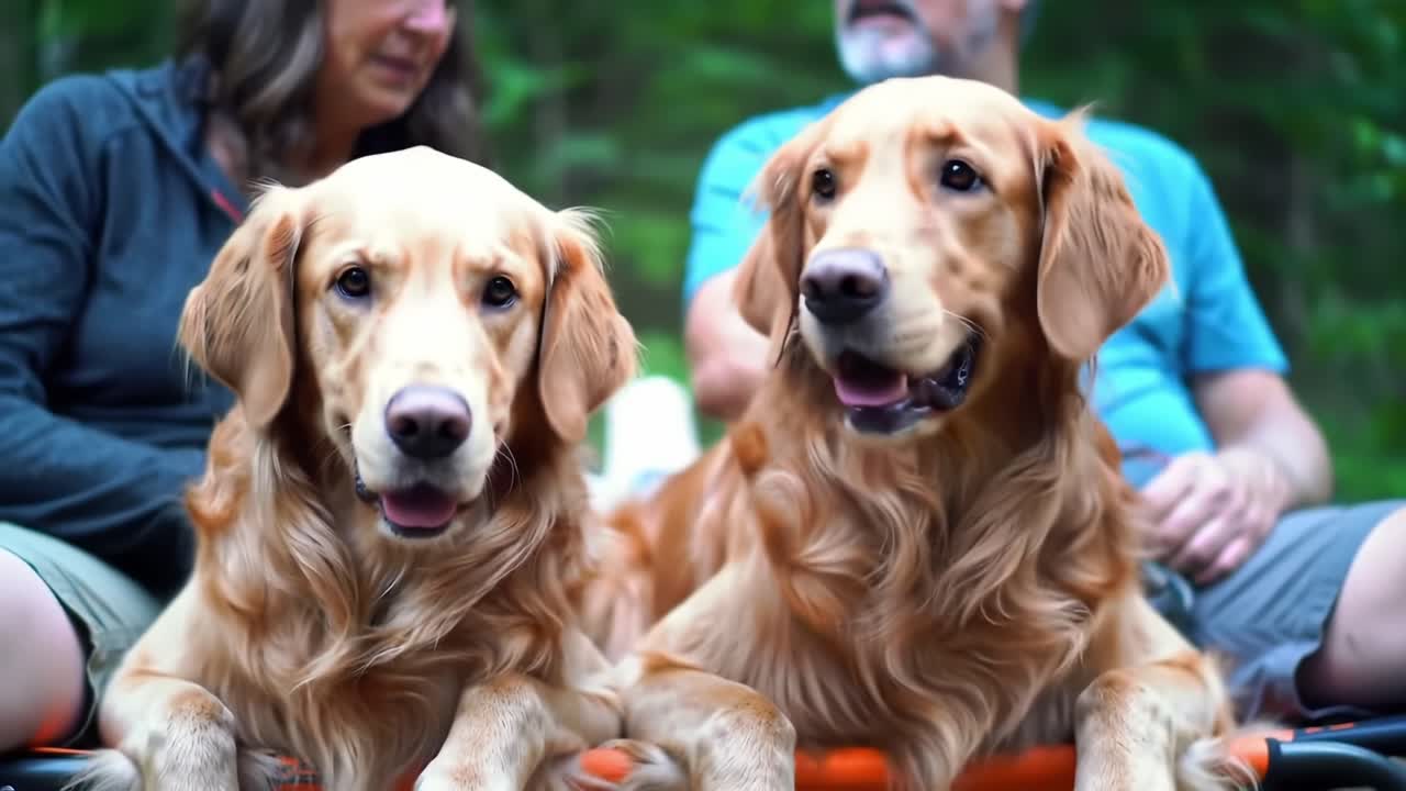 Two Golden Retrievers Enjoying a Calm Day Outdoors With Their Owners, Capturing Moments of Friendship and Happiness in Nature's Embrace