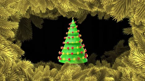 animation of christmas tree spinning with fir tree branches on green background