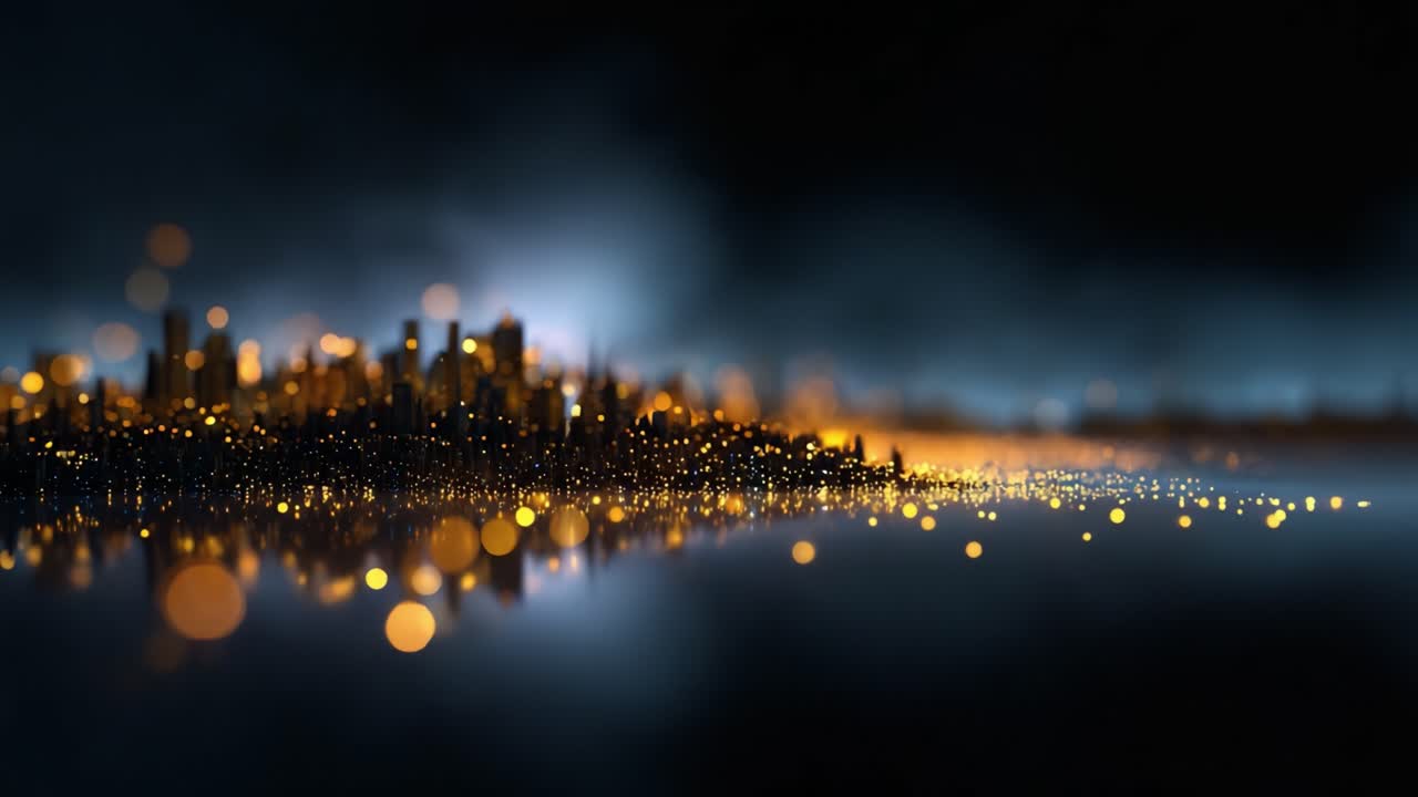 Un affascinante skyline astratto di una città illuminata da luci scintillanti che si riflettono su una superficie tranquilla, creando un'atmosfera onirica nelle tonalità del crepuscolo
