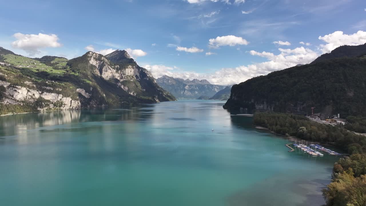 Scenic View Of Lake Walen In Switzerland - Aerial Pullback