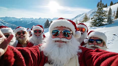 a group of people dressed as santa claus taking a selfie in the snow