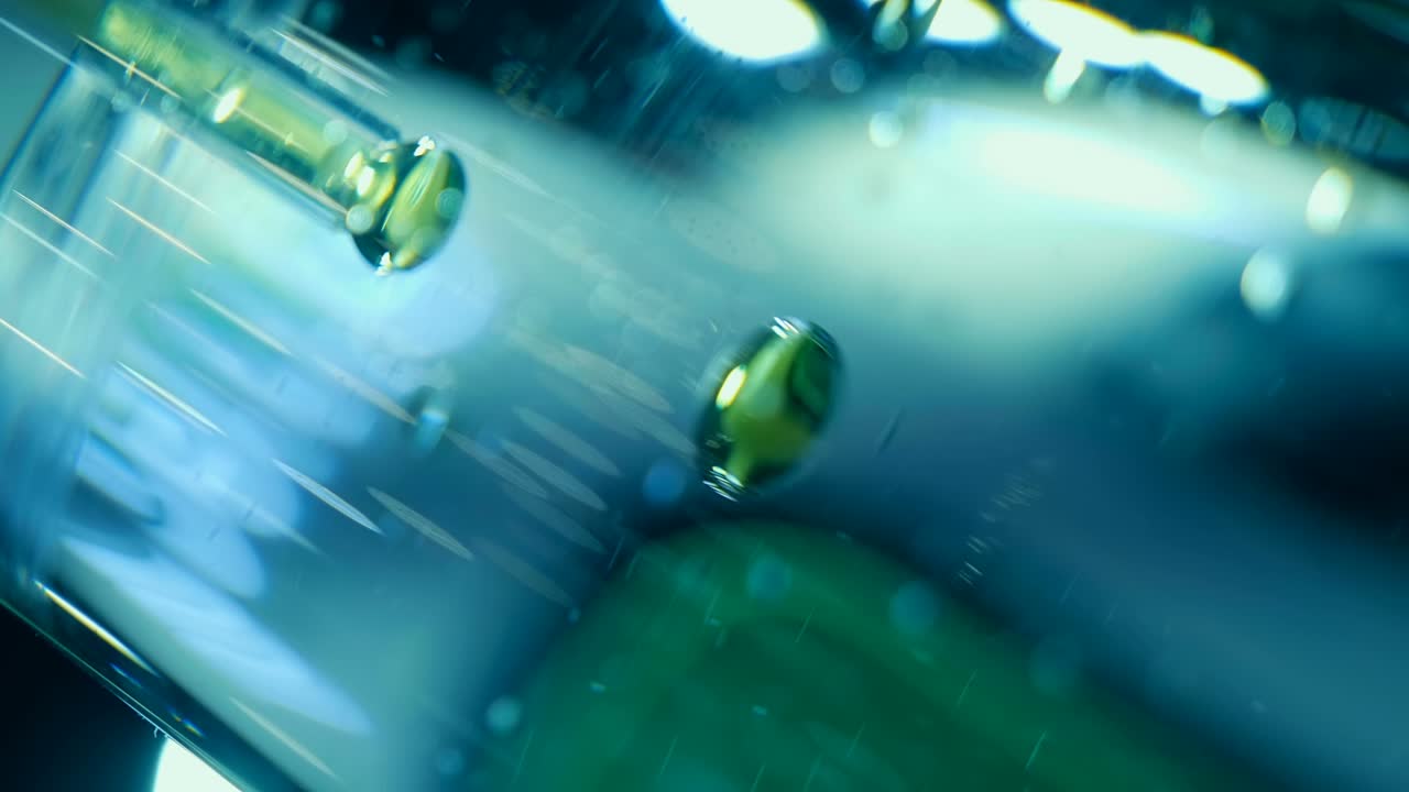 녹색 기름의 물방울은 천천히 물의 바닥으로 떨어집니다.