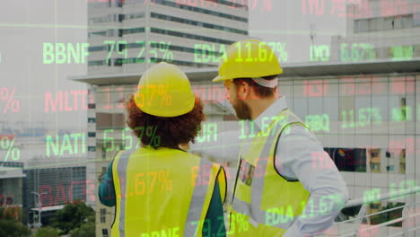 animación del procesamiento de estadísticas sobre arquitectos masculinos y femeninos hablando en el sitio de construcción
