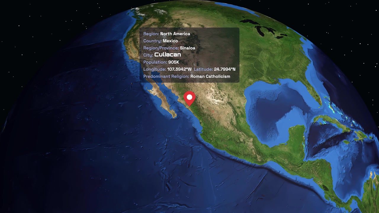 Animación digital se acerca desde el espacio a Norteamérica, destacando Culiacán con un marcador de ubicación