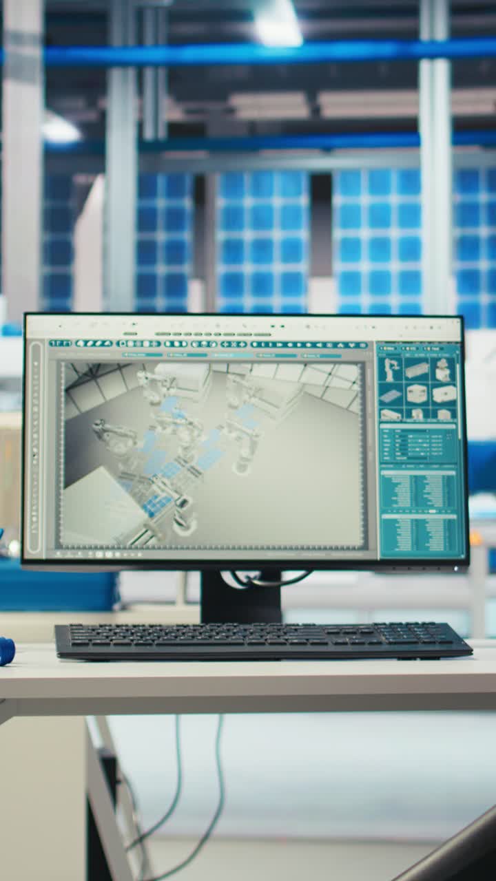Vertical Video Pc On Desk In Empty Photovoltaics Factory Monitoring System Performance