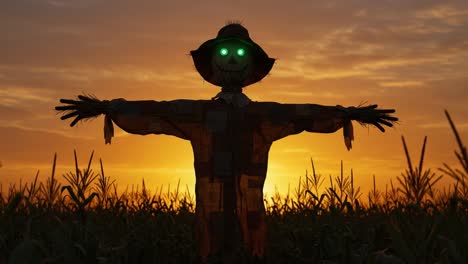 a mysterious scarecrow stands guard in a lush cornfield at sunset, its glowing eyes casting an enigmatic aura over the surrounding landscape