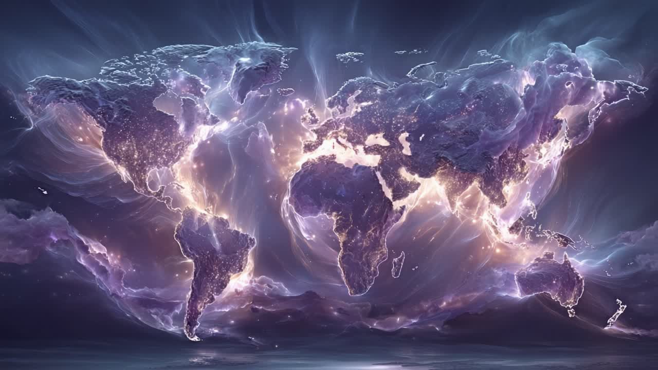 Stylized Earth map with glowing continents and sparkling city lights surrounded by purple and blue energy clouds. Representing global communication. Network connections. And technological advancement