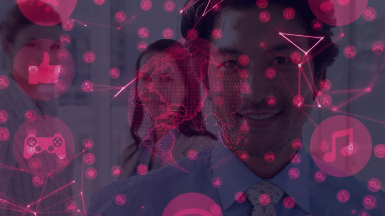 Digital globe sparking team emerging as technology icons pulsing, nodes forming map showing network