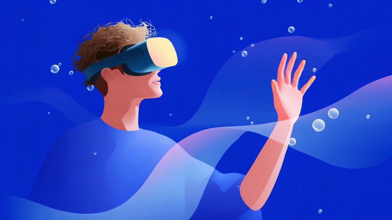 Immersive Virtual Reality Experience: A Person Interacting with Digital Elements Underwater, Engaging with Interactive Bubbles and Fluid Motion in an Abstract Blue Environment